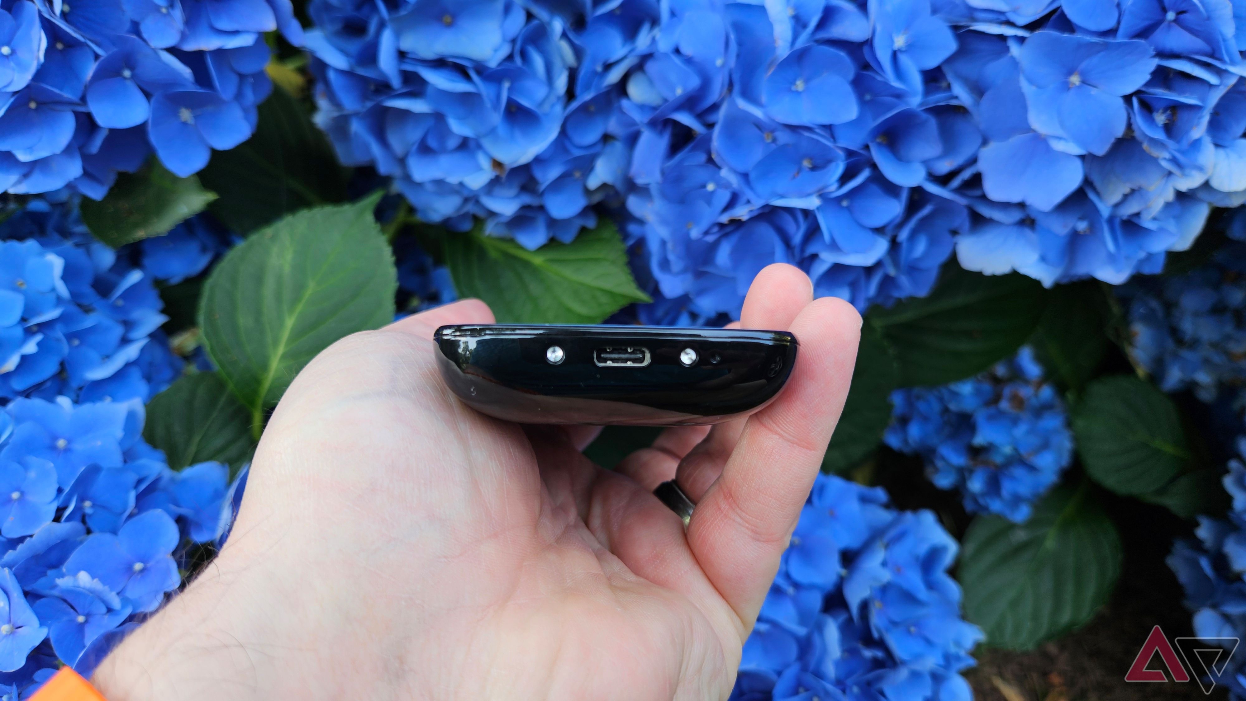 O Unihertz Jelly Max mostrando a porta USB-C e a espessura na frente de um arbusto com flores azuis e folhas verdes.