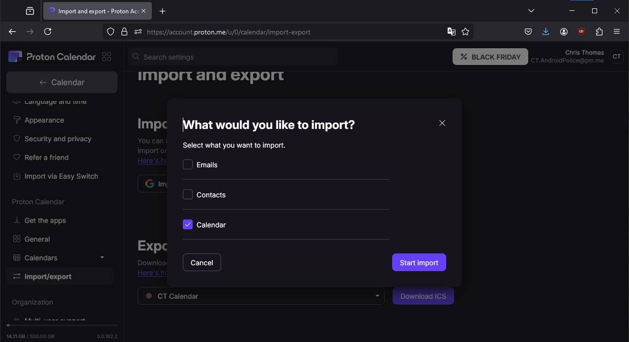 Uma captura de tela da importação do Google Calendar para o Proton Calendar usando a interface da web