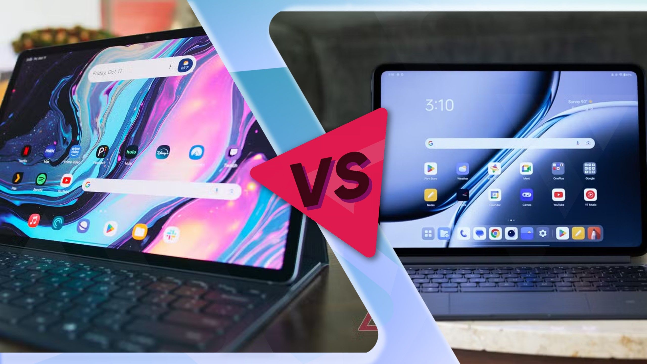 O Samsung Galaxy Tab S10+ à esquerda e o OnePlus Pad 2 à direita com um logotipo vermelho versus no meio em um fundo azul.