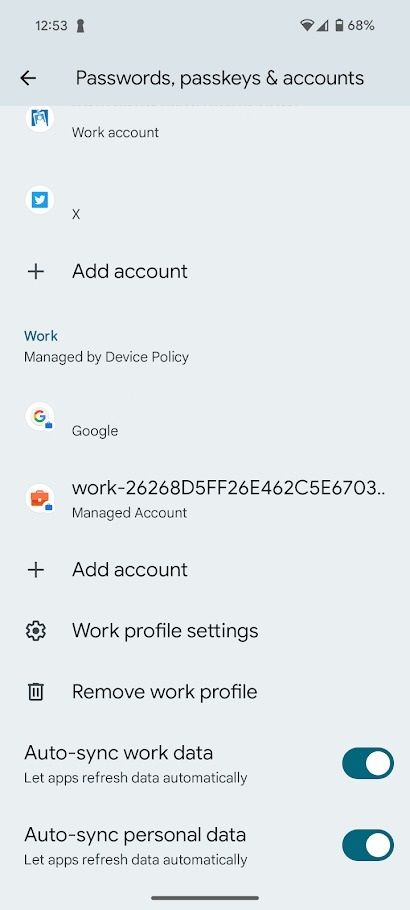 contas de perfil de trabalho Android