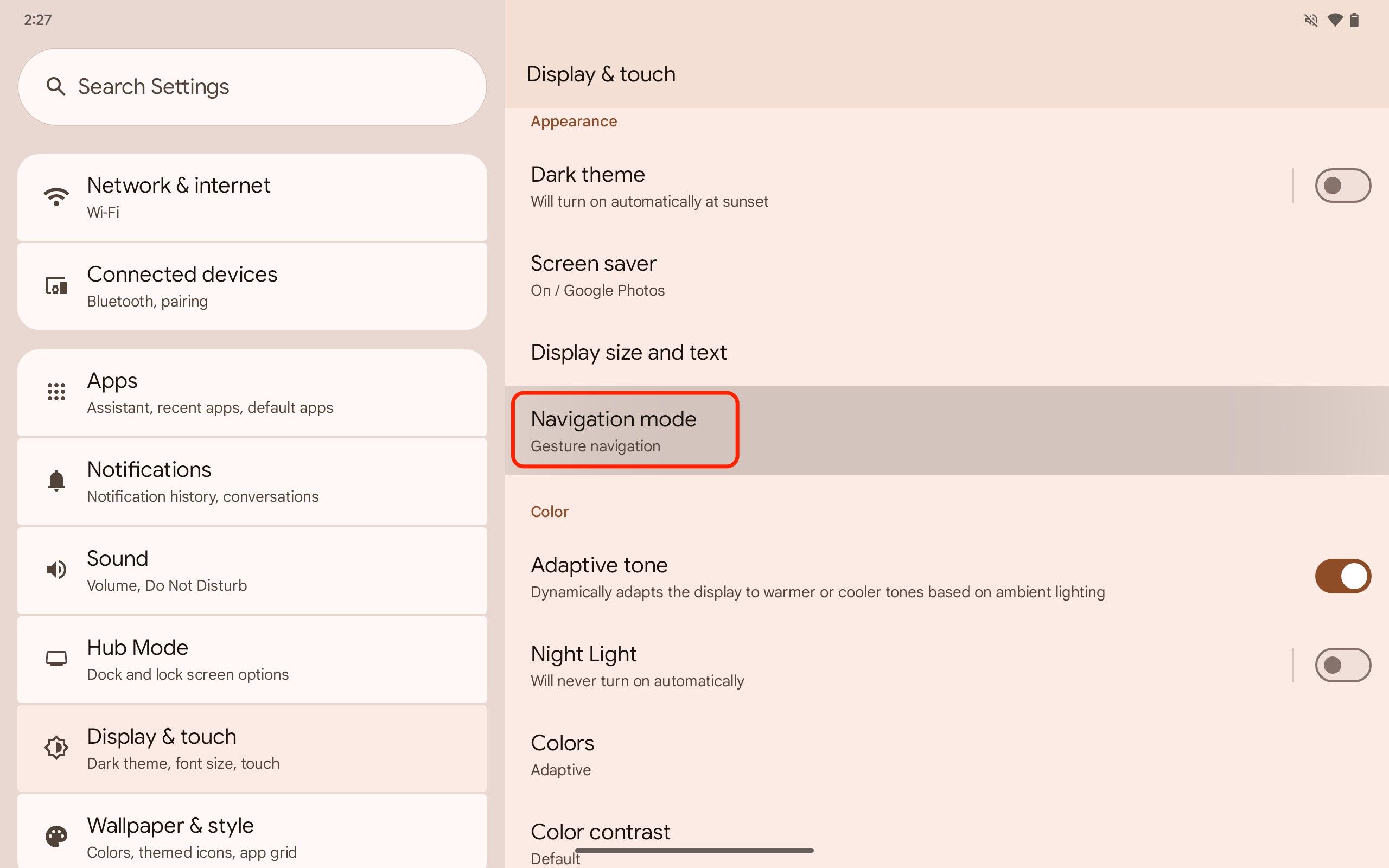 Uma captura de tela do aplicativo Configurações do Pixel Tablet com o modo de navegação destacado