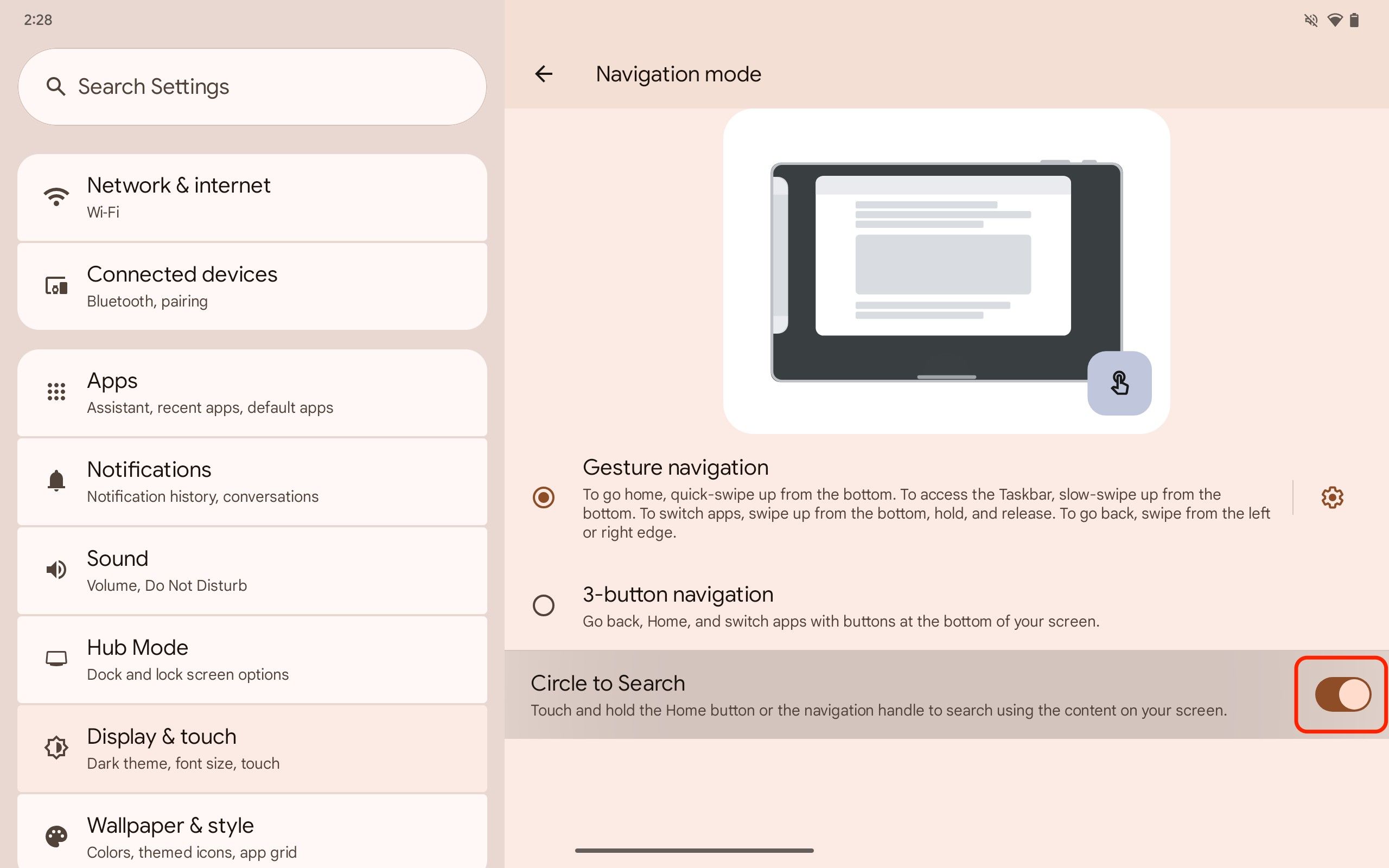 Uma captura de tela do aplicativo Configurações do Pixel Tablet com o botão Círculo para Pesquisar destacado