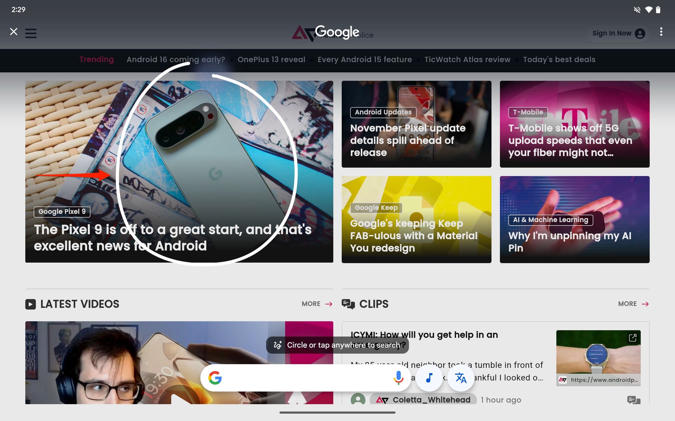 Uma captura de tela do Circle to Search aberto no Pixel Tablet com um Pixel 9 Pro destacado na página inicial do Android Police