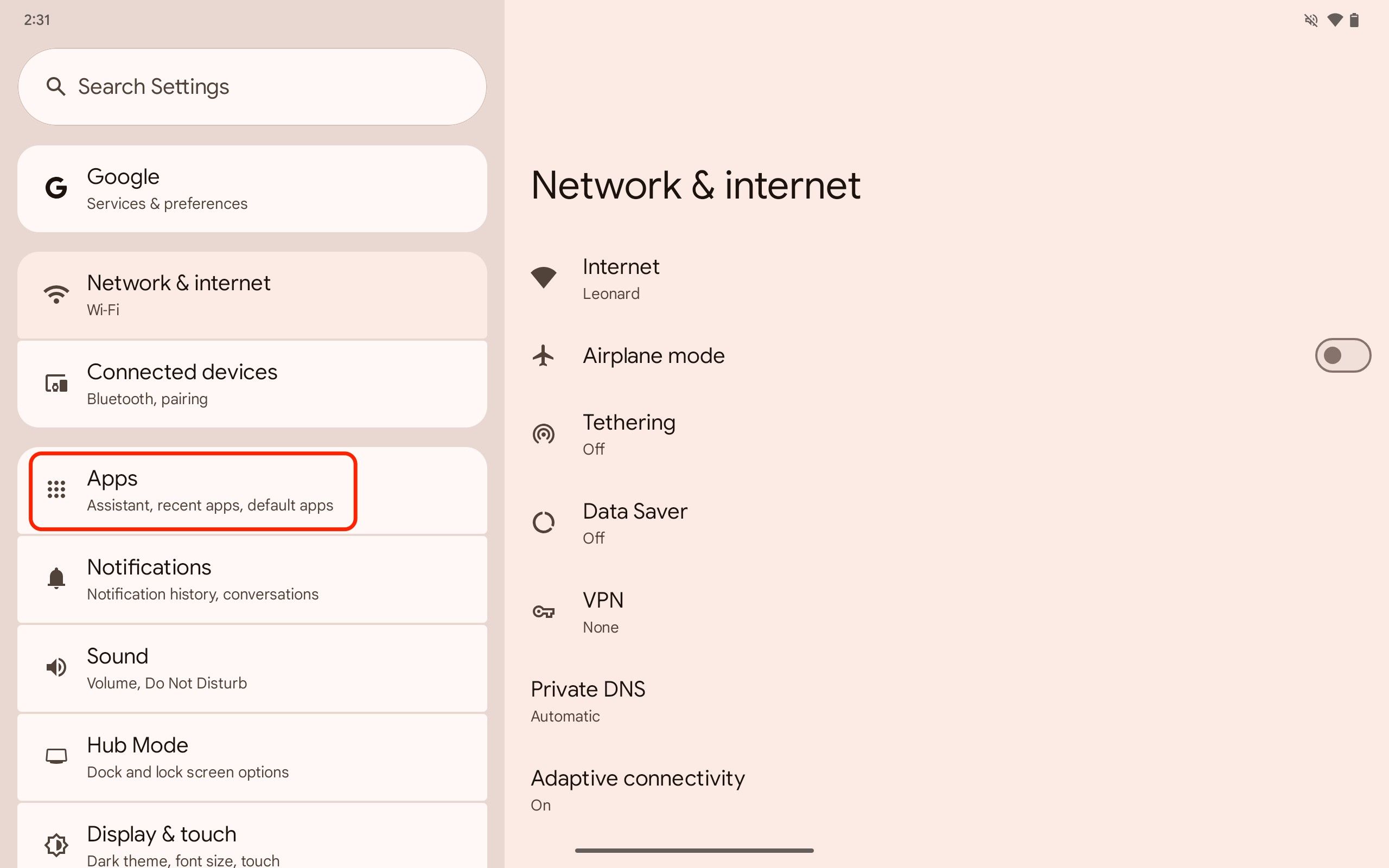 Uma captura de tela do aplicativo Configurações do Pixel Tablet com aplicativos em destaque