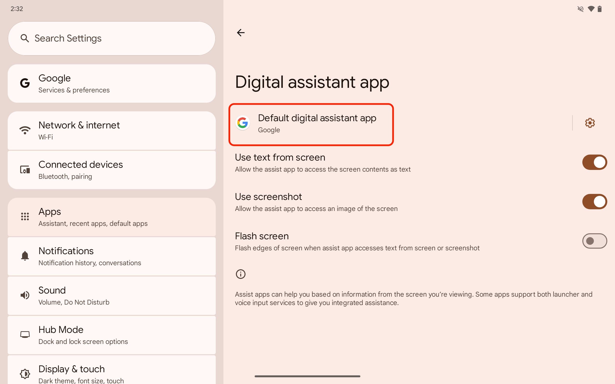 Uma captura de tela do aplicativo Configurações do Pixel Tablet com o aplicativo de assistente digital padrão em destaque