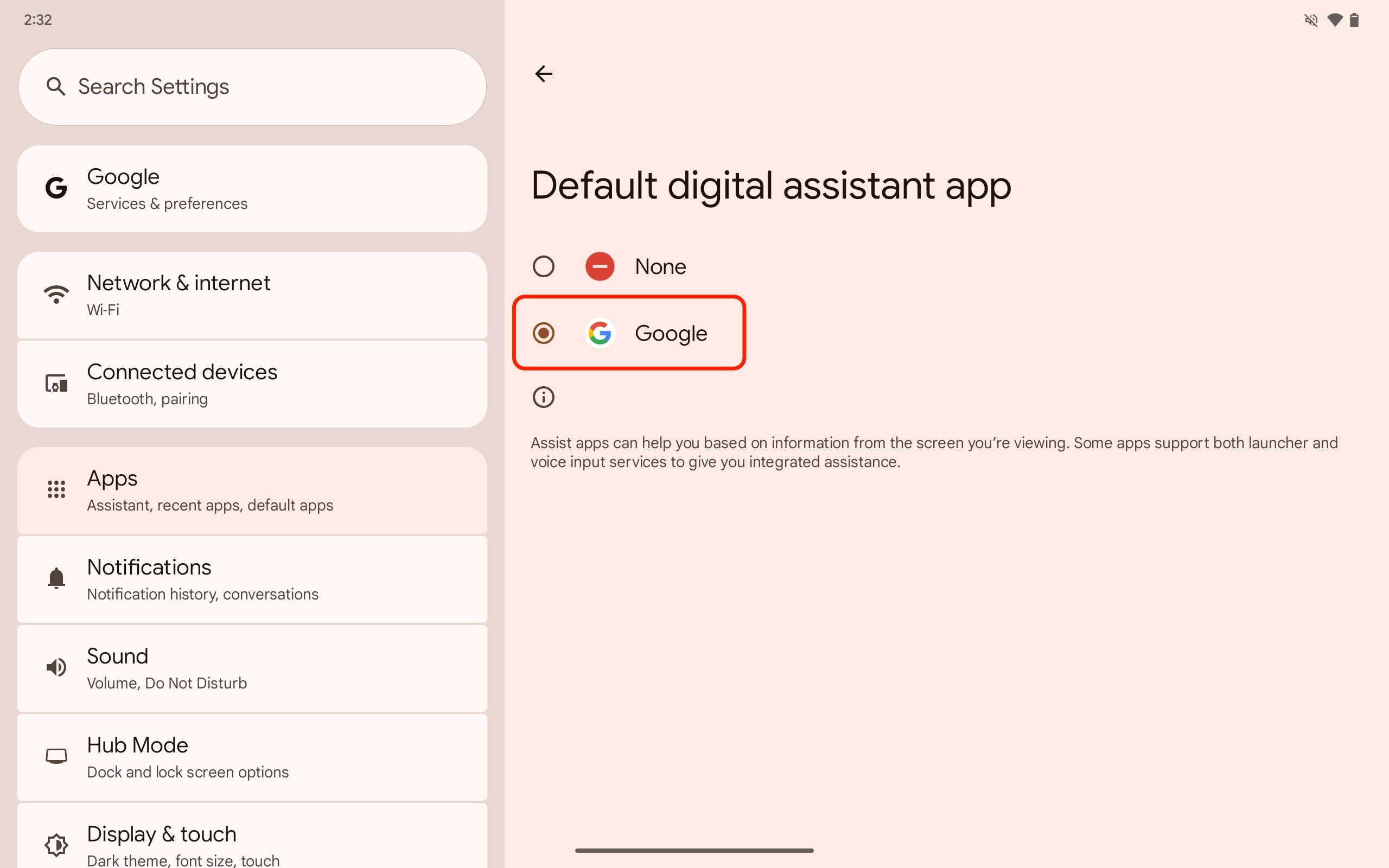 Uma captura de tela do aplicativo Configurações do Pixel Tablet com o aplicativo Assistente digital aberto