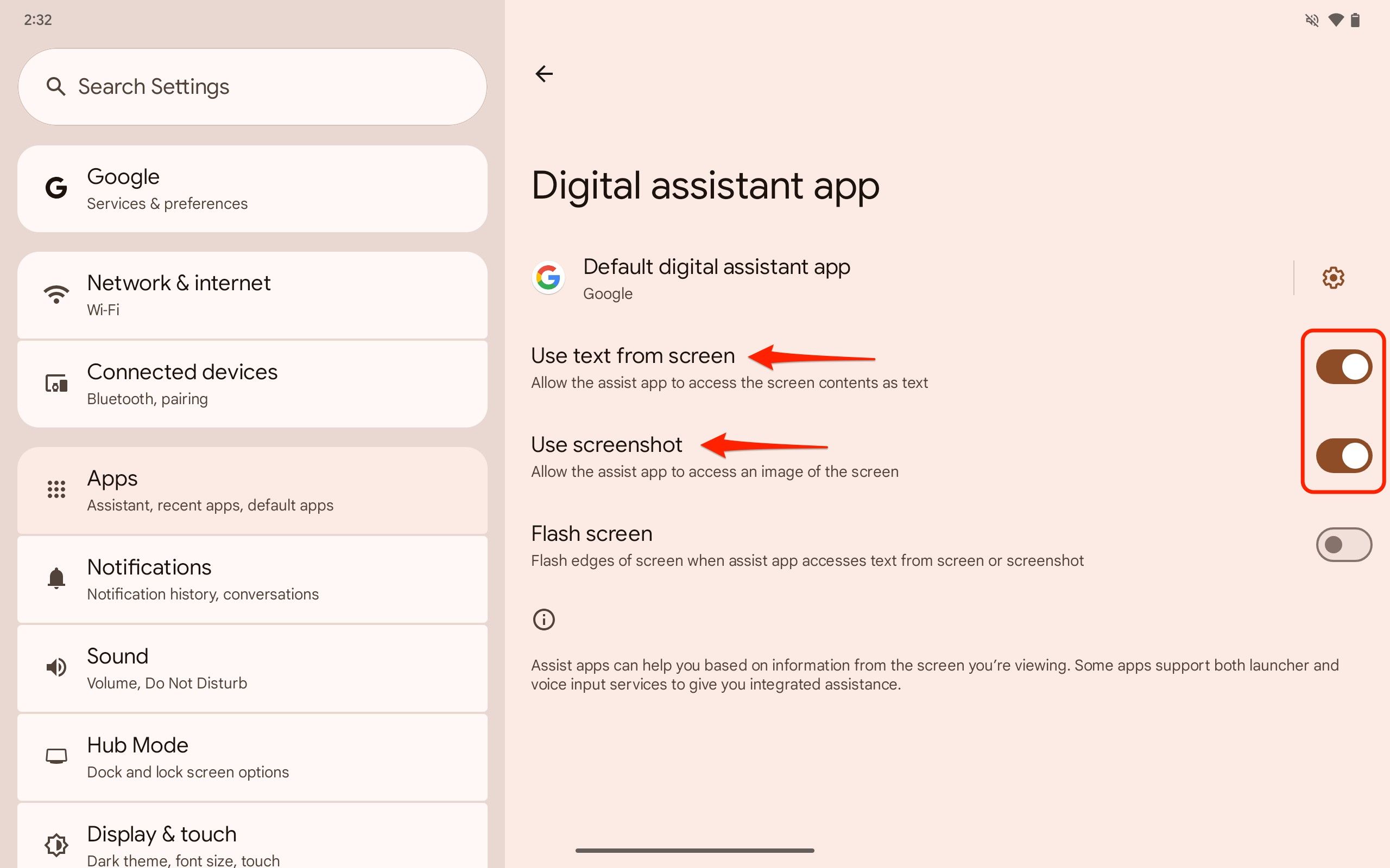 Uma captura de tela do aplicativo Configurações do Pixel Tablet na tela do aplicativo Assistente digital