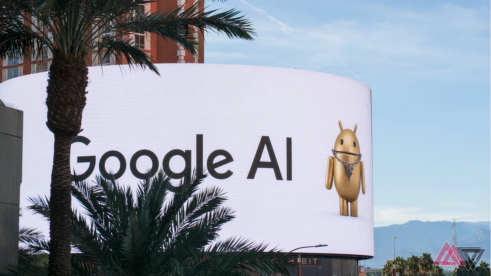 Um outdoor LCD com as palavras Google AI e o mascote do Android 