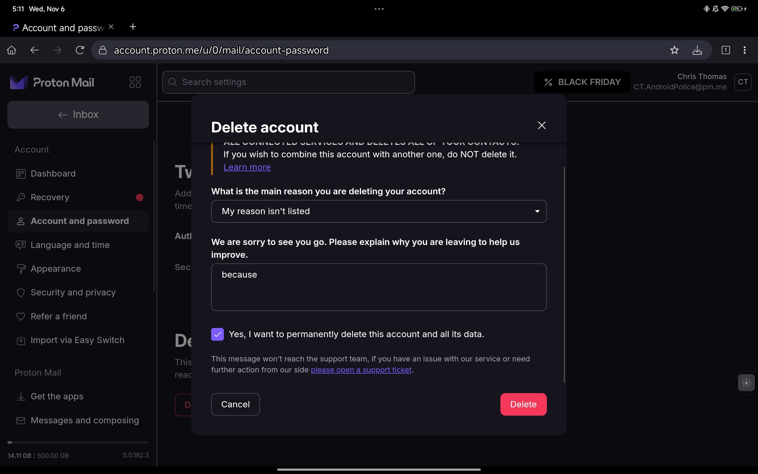 Uma captura de tela do processo de exclusão da conta Proton Mail