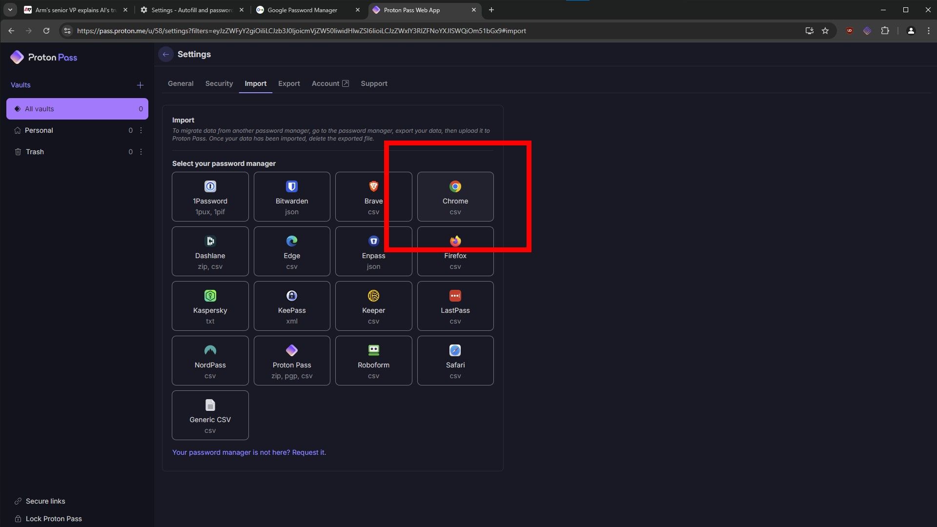 Uma captura de tela do processo de importação de senhas do Chrome para o Proton Pass