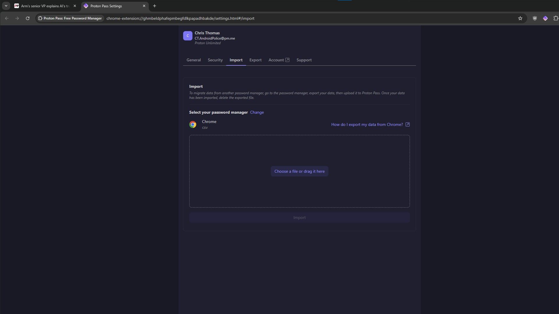 Uma captura de tela do processo de importação de senhas do Chrome para o Proton Pass