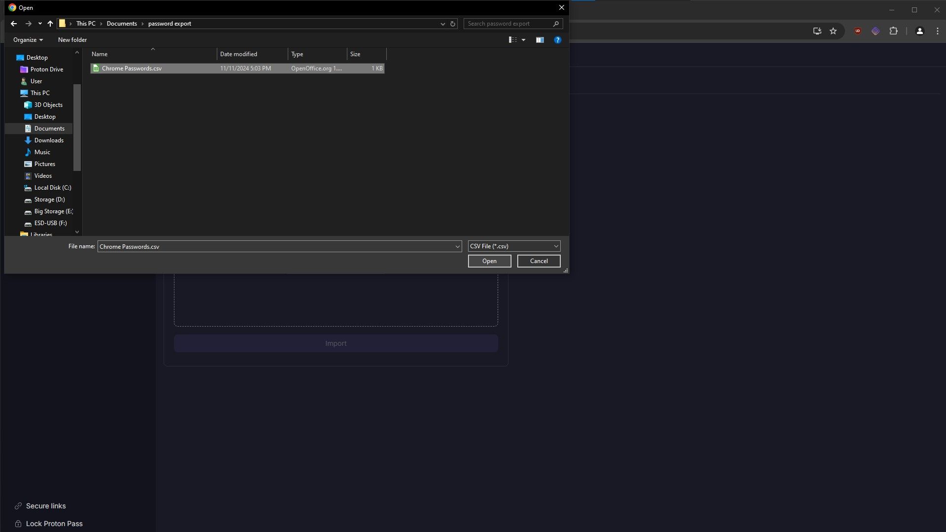 Uma captura de tela do processo de importação de senhas do Chrome para o Proton Pass