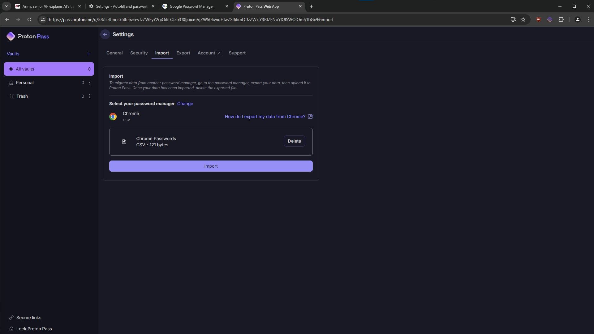 Uma captura de tela do processo de importação de senhas do Chrome para o Proton Pass