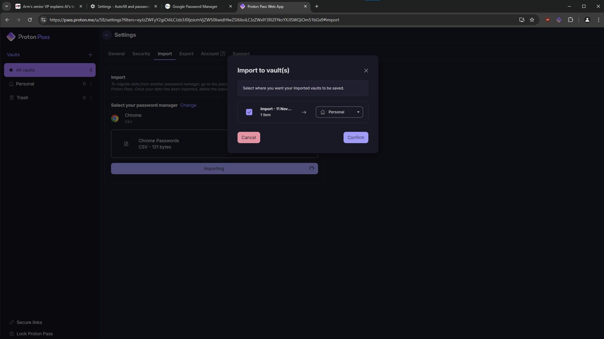 Uma captura de tela do processo de importação de senhas do Chrome para o Proton Pass