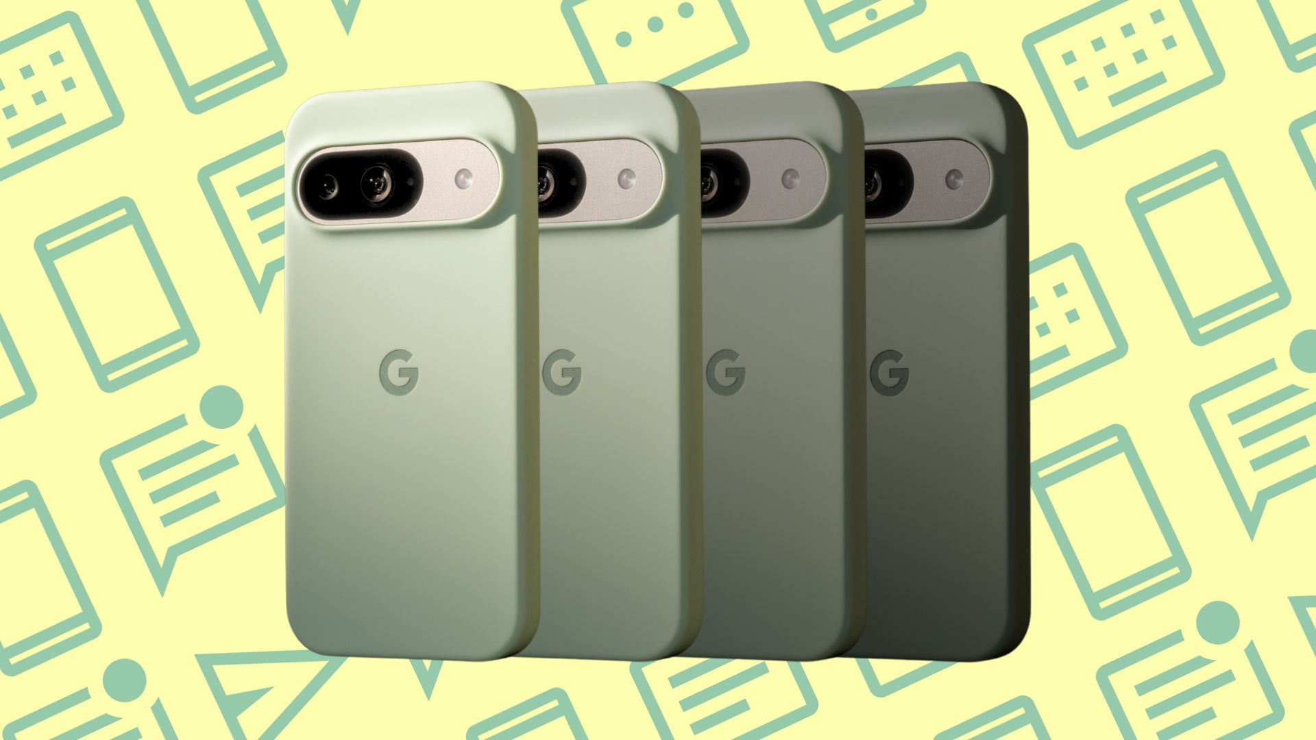 Quatro telefones Google Pixel 9 sobre um fundo verde e amarelo.