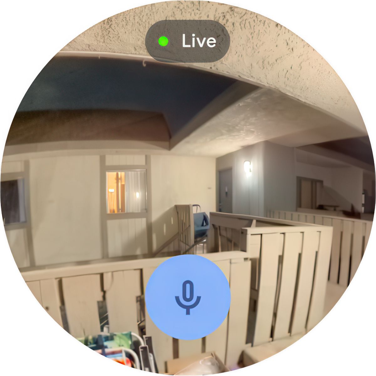 Uma captura de tela do Google Nest Doorbell Live View do Google PIxel Watch 3 com o botão do microfone na tela.