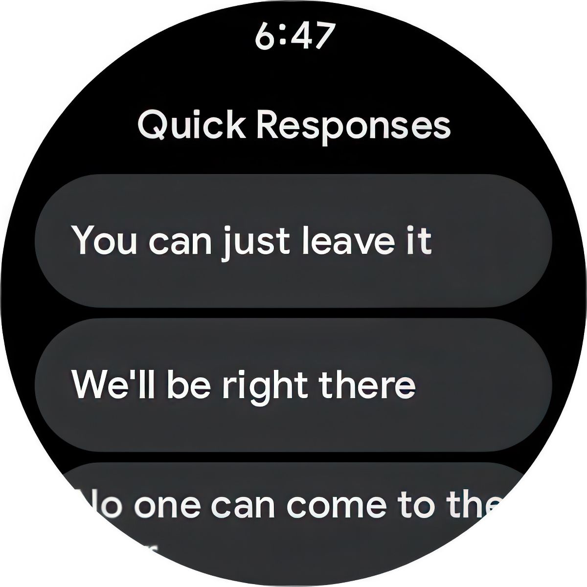 Uma captura de tela das opções de resposta rápida do Google Nest Doorbell do Google Pixel Watch 3.