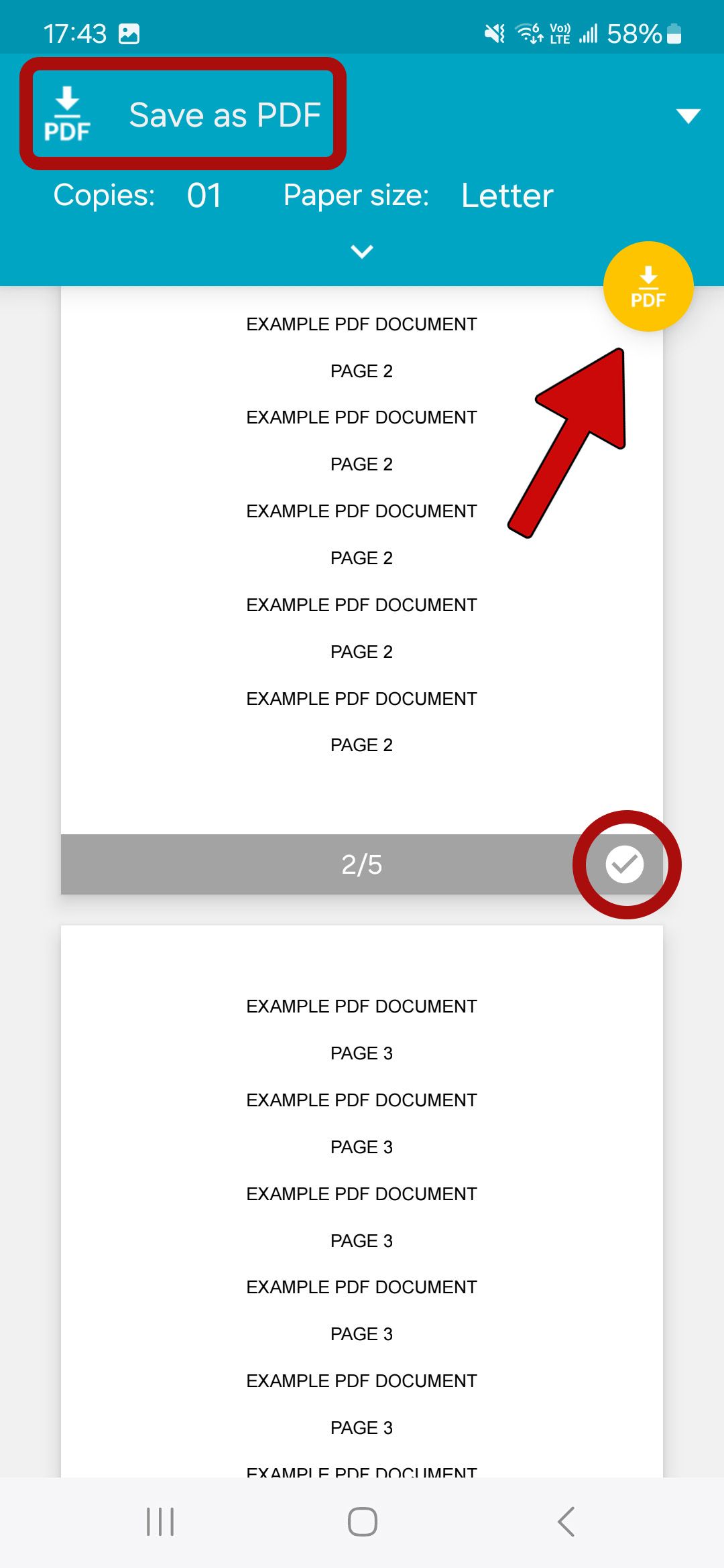 visualização de impressão no aplicativo visualizador de PDF do Google Drive com uma seta vermelha apontando para o botão PDF, marca de seleção circulada e opção salvar como PDF destacada