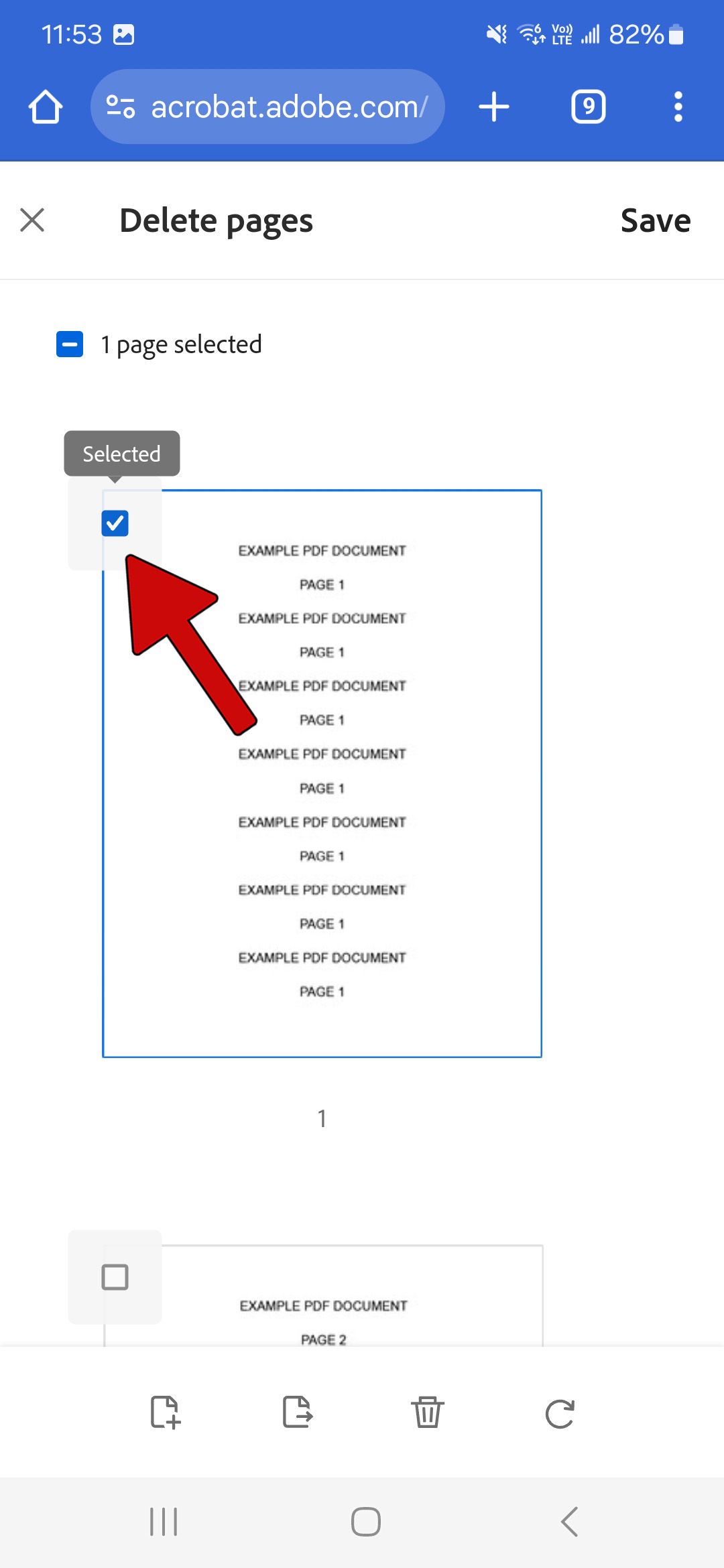 documento pdf aberto na ferramenta on-line do Adobe Acrobat com uma página selecionada e uma seta vermelha apontando para a marca de seleção