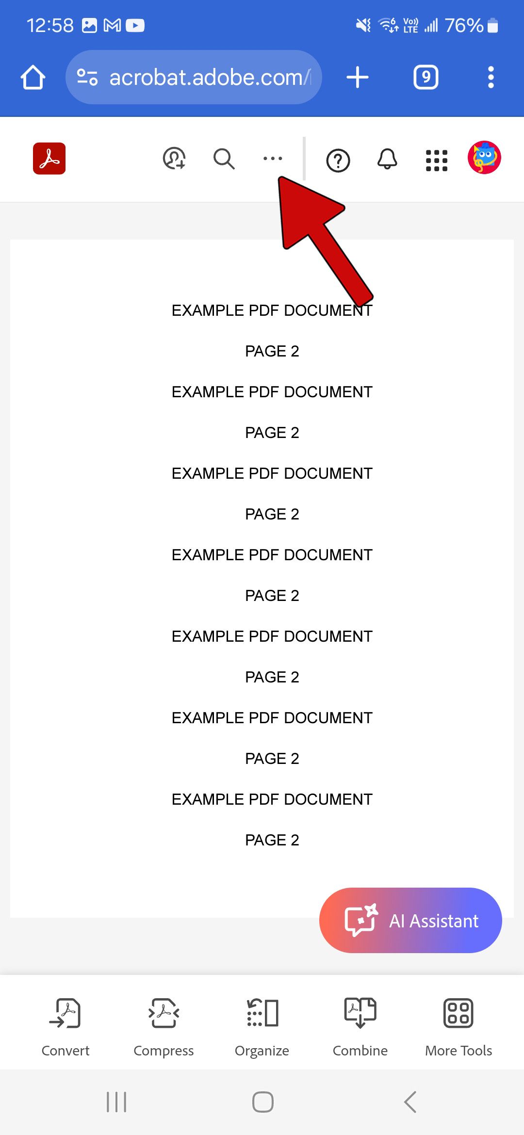 exemplo de documento PDF no Adobe Acrobat com seta vermelha apontando para o botão do menu flutuante