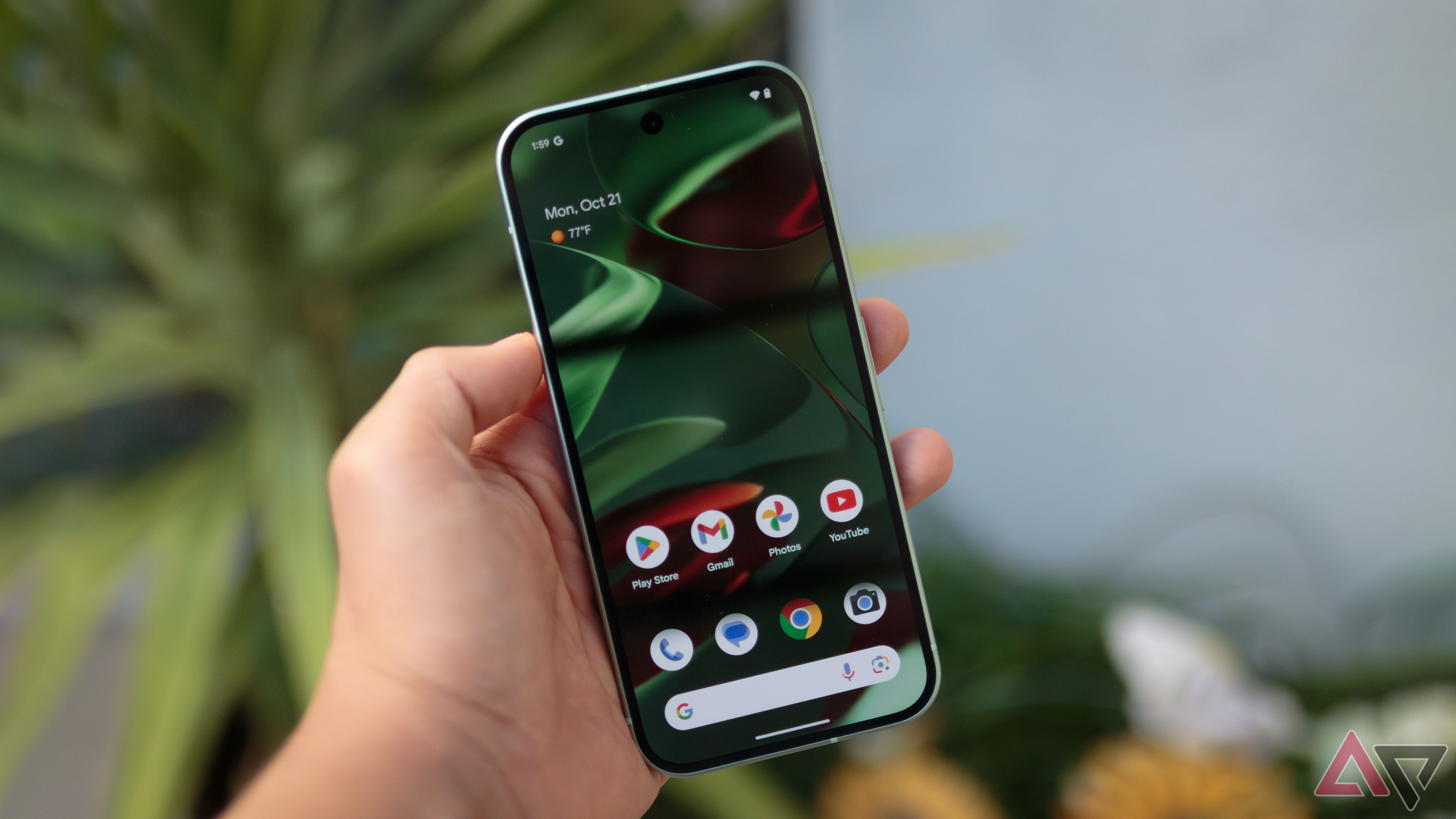 O Google Pixel 9 sendo colocado em frente à vegetação com o papel de parede verde padrão