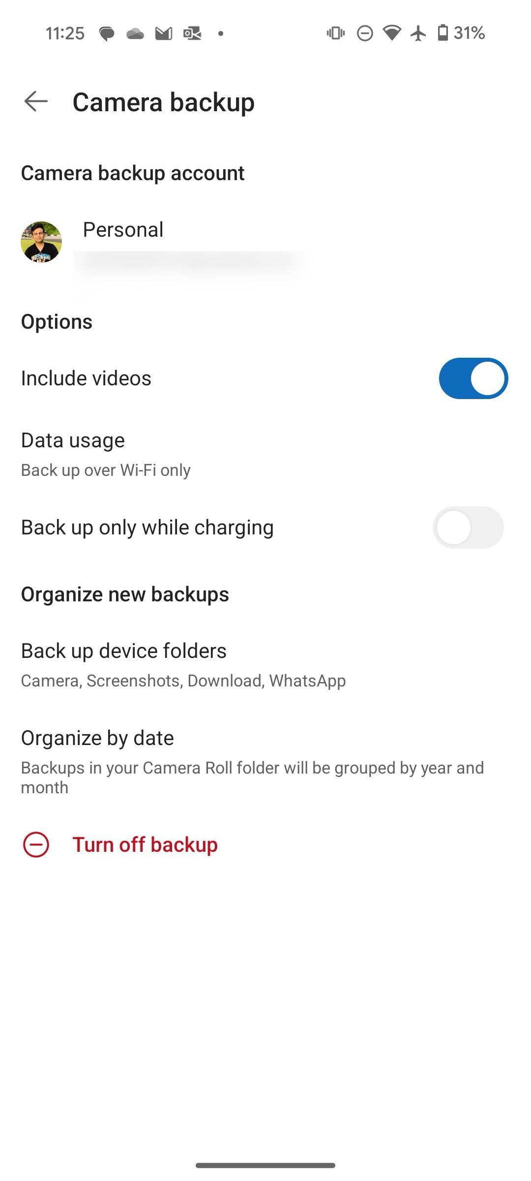 opções de backup da câmera no OneDrive