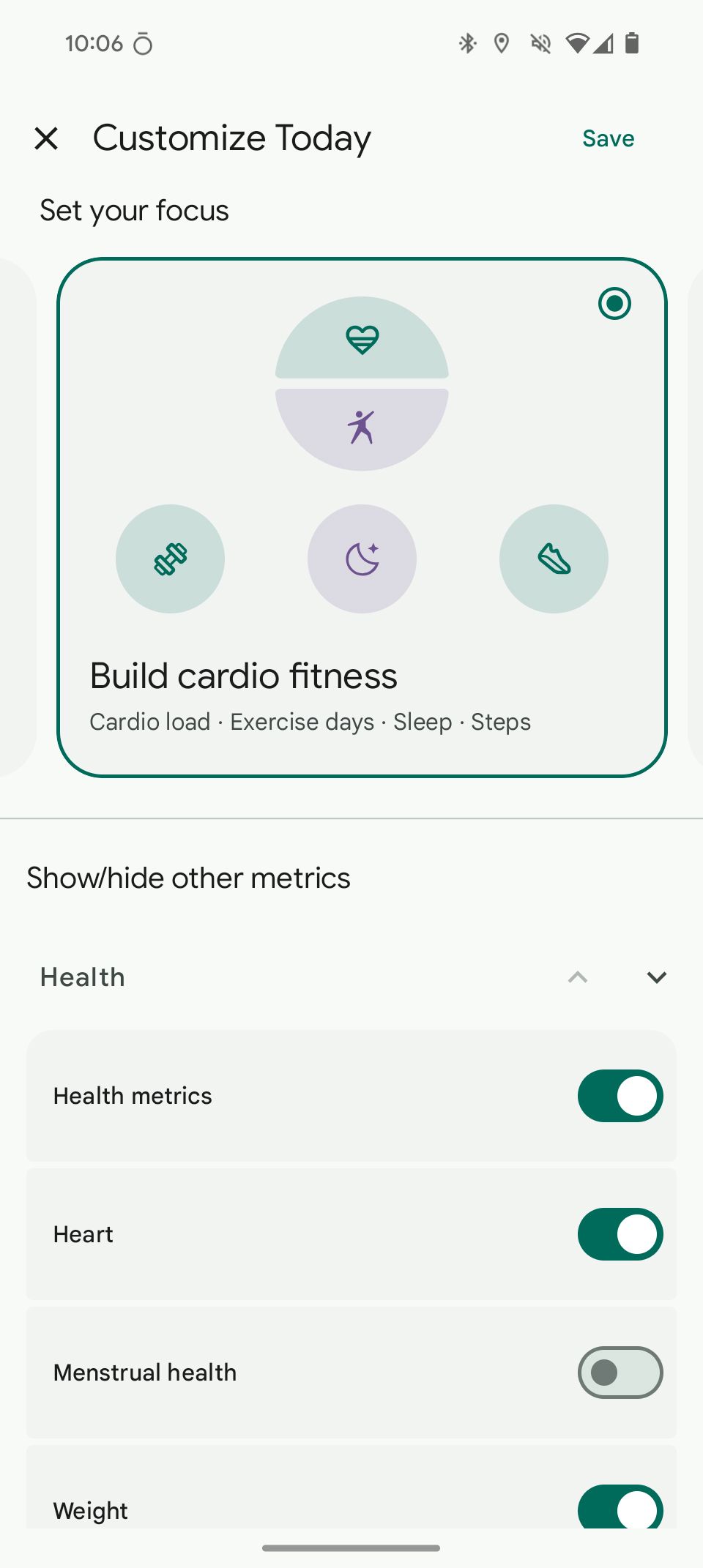 Uma captura de tela da página de edição da guia Hoje do aplicativo Fitbit Premium com a opção Build Cardio Fitness na tela.