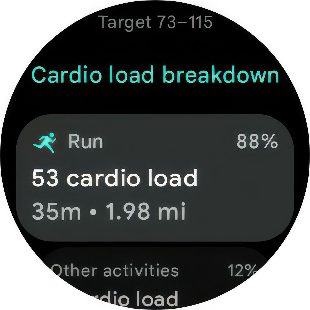 Uma captura de tela do detalhamento da carga cardiovascular do Google Pixel Watch 3. 