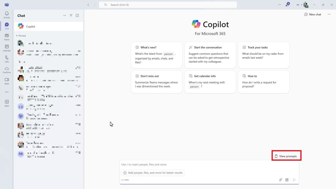 Captura de tela destacando Exibir prompts no Microsoft Teams