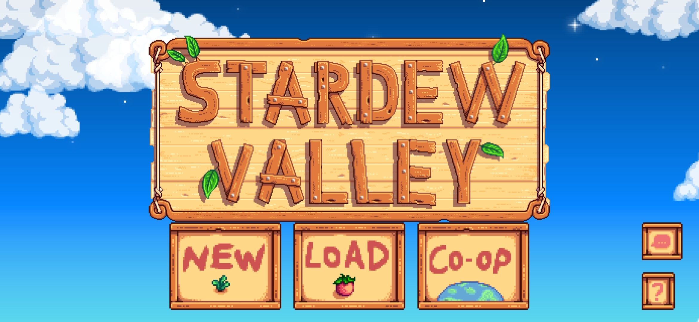 Menu inicial de Stardew Valley no aplicativo móvel, incluindo Co-Op