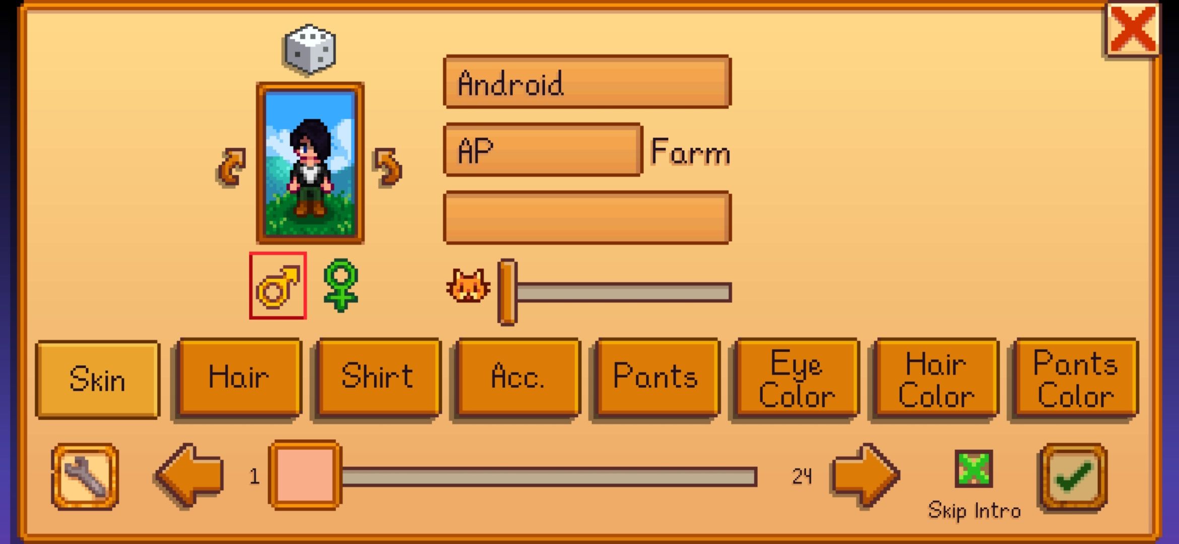 Criação de personagens e opções de Stardew Valley com o ícone de marca de seleção verde no canto inferior direito