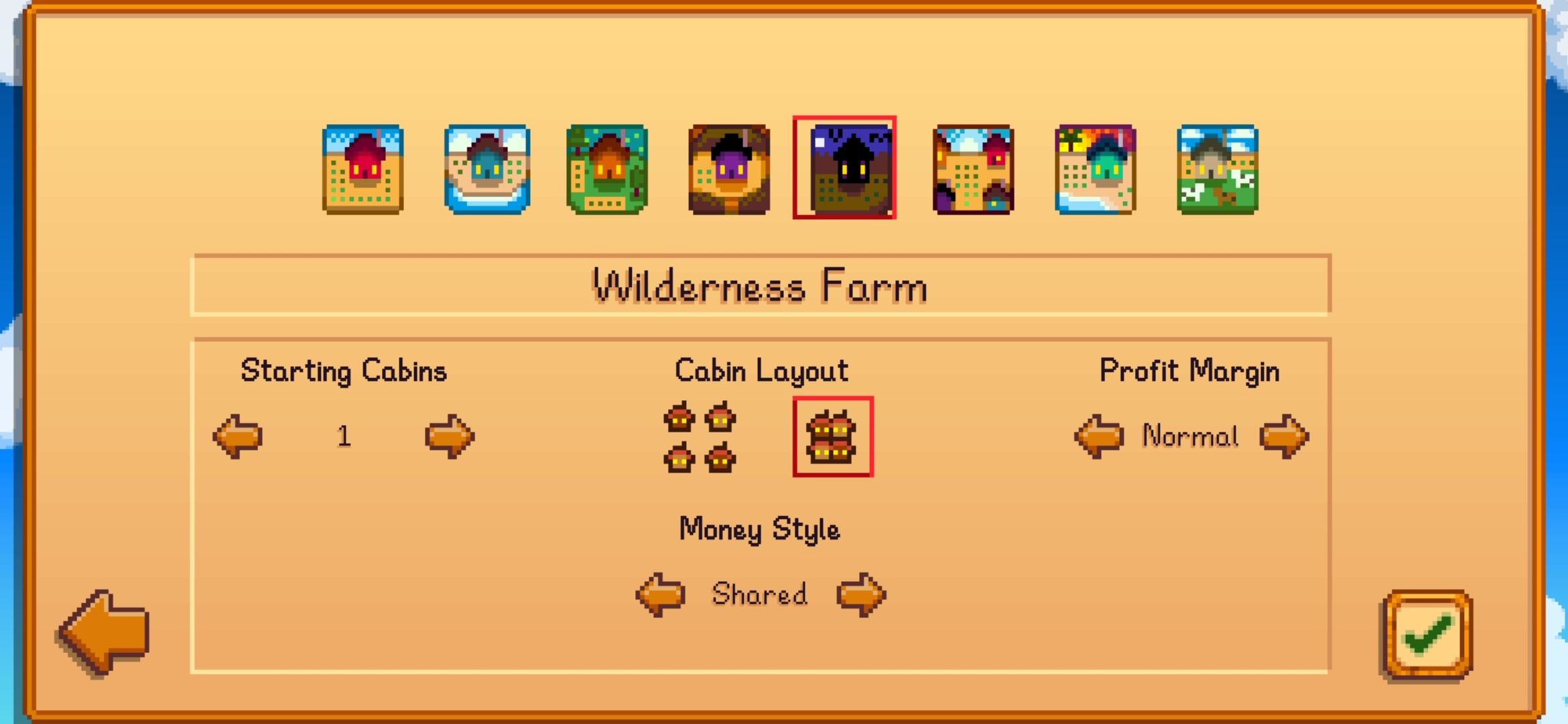 Escolha uma fazenda para o novo arquivo do jogo em Stardew Valley com uma marca de seleção verde no canto inferior direito