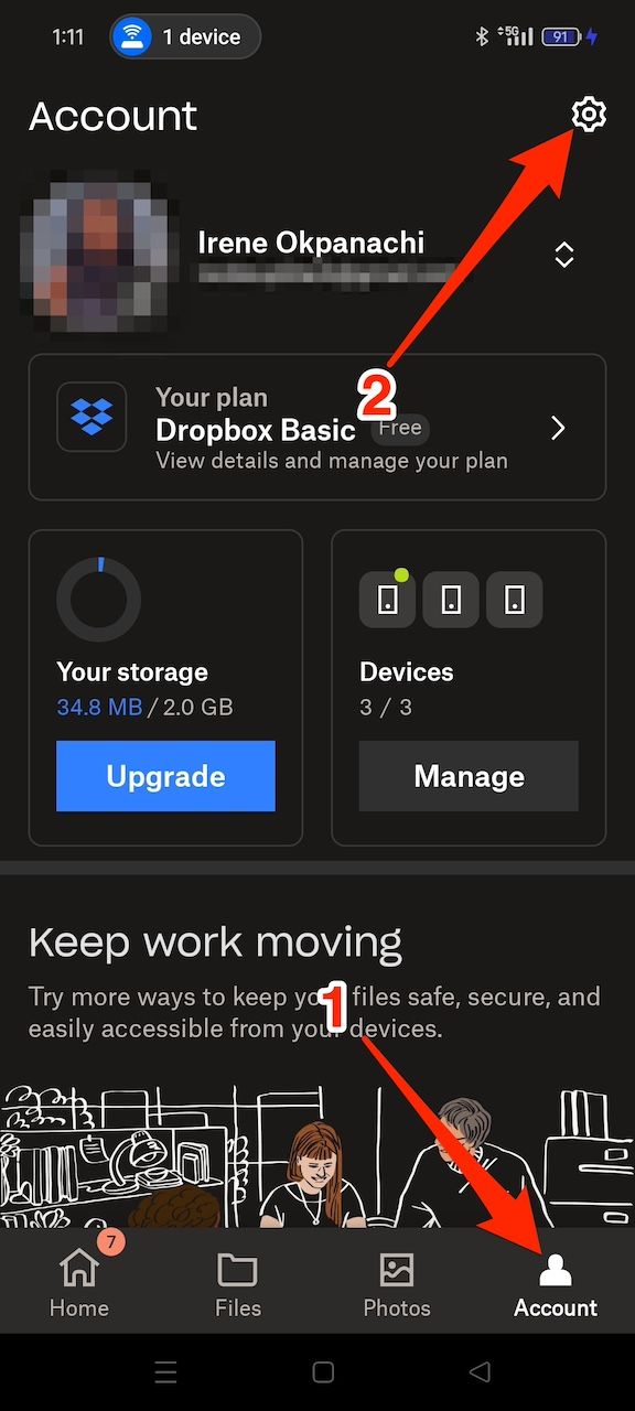 Selecionando o ícone de configurações no menu Conta no aplicativo Dropbox