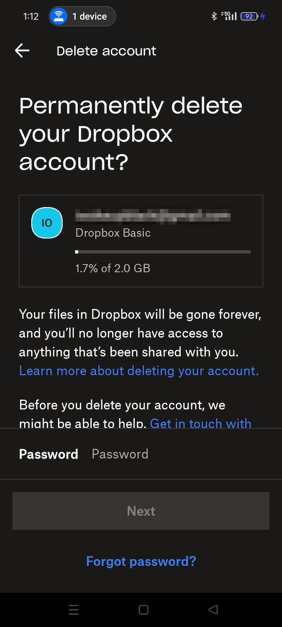 Aviso antes de excluir a conta do Dropbox no aplicativo móvel