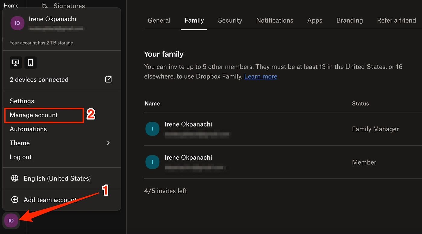 selecionando a opção Gerenciar conta na interface do Dropbox Family