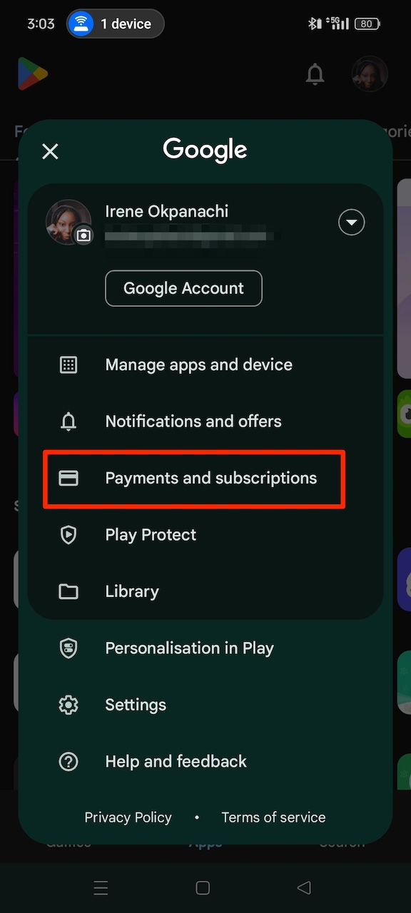 Selecionando a opção Pagamentos e assinaturas no menu da conta da Google Play Store