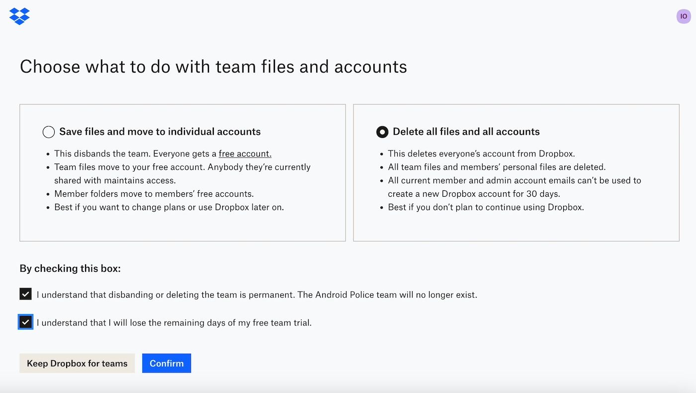 Página de confirmação para exclusão de contas de equipe do Dropbox