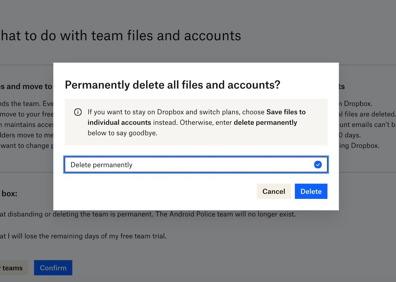 Caixa de texto para digitar o comando delete para limpar a conta da equipe do Dropbox no site