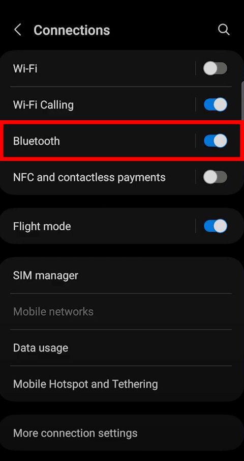 Menu conexões com "Bluetooth" destacado