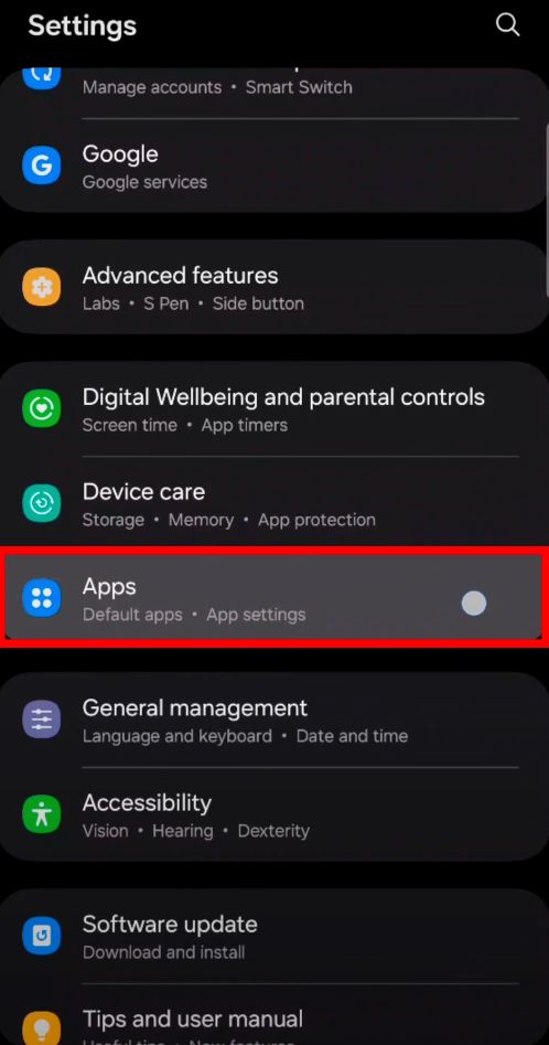 Menu Configurações da Samsung com "Aplicativos" destacado.