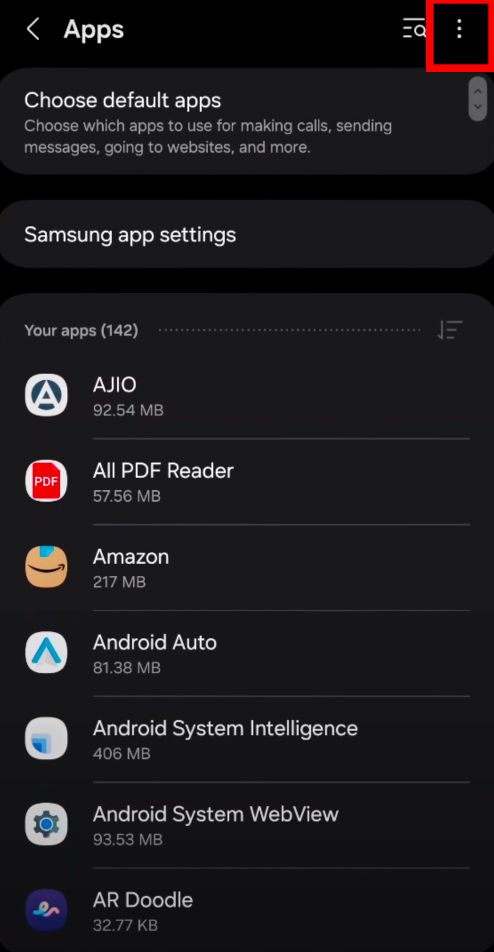 Menu Samsung Apps com ícone de menu de três pontos destacado.