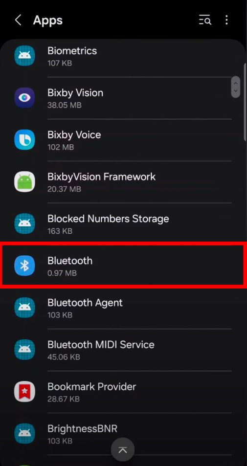 Lista de aplicativos Samsung com "Bluetooth" destacado.