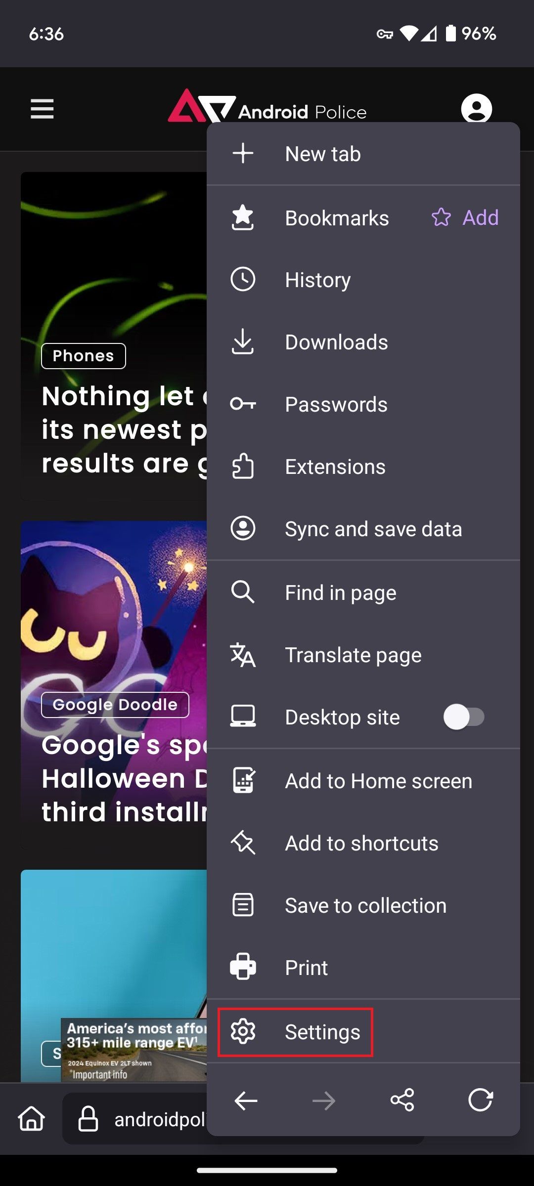 O menu de configurações do Firefox para Android