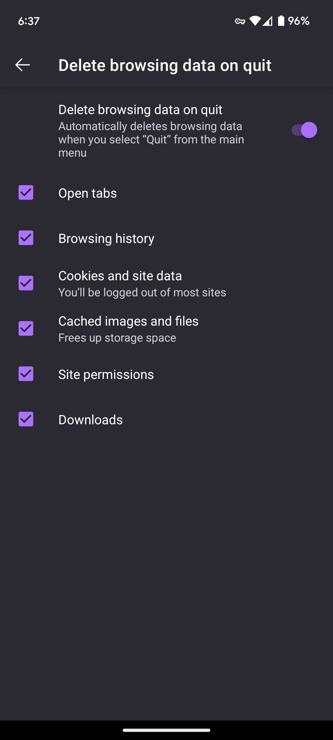 O menu Excluir dados de navegação ao sair do Firefox no Android