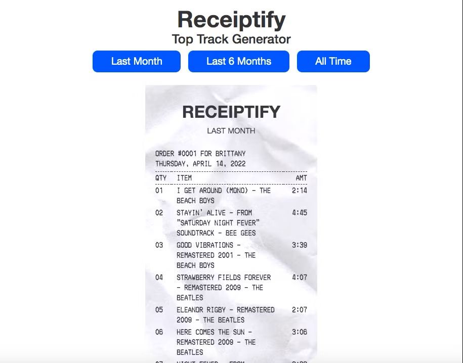 Captura de tela do Receiptify mostrando recibos falsos de músicas e artistas