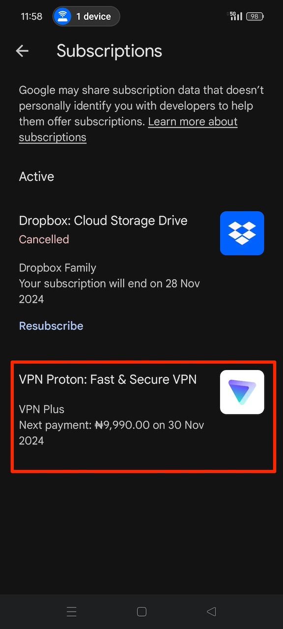 Selecionando Proton VPN na lista de assinaturas da Google Play Store