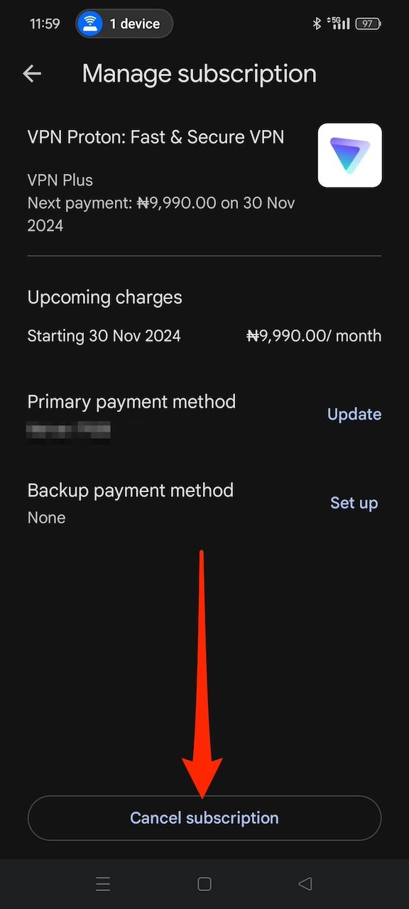 Cancelamento da assinatura ativa do Proton VPN Plus no aplicativo Google Play Store