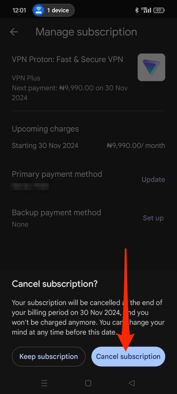 Confirmando o cancelamento da assinatura do Proton VPN na Google Play Store