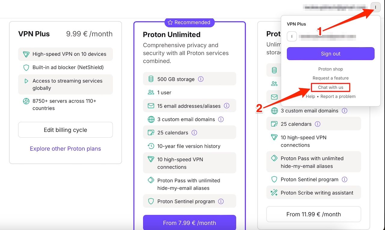 Clicando na opção Converse conosco no painel do Proton VPN Plus