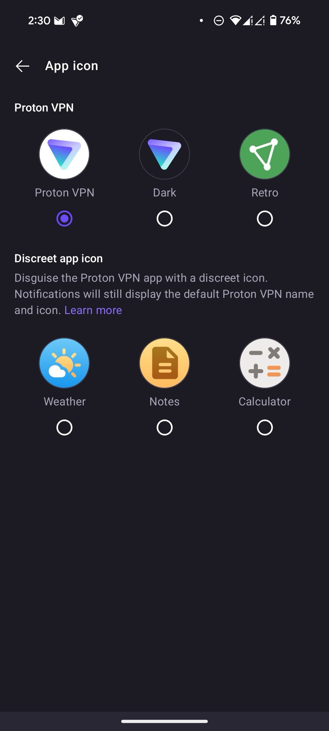 Alterar o ícone de um aplicativo no Proton VPN para Android